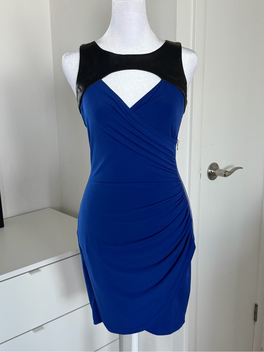 Y2K GUESS Royal Blue Faux Leather Trim Cutout Bodycon Dress XS